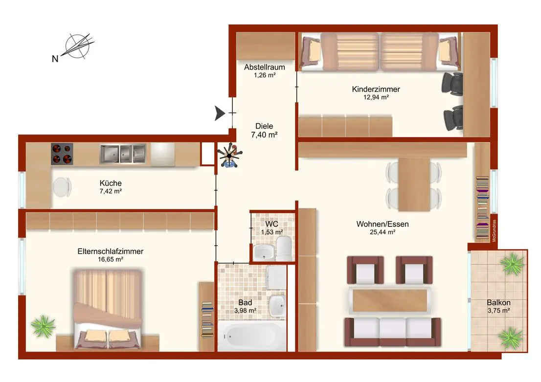 Grundriss colouriert -- 3 - Zimmer Wohnung mit Balkon