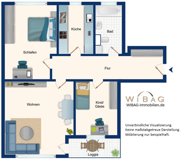 Grundriss-Visualisierung -- Bezugsfreie 3-Zimmer-Eigentumswohnung mit Süd-Balkon und Einbauküche in Ruhiglage Berlin-Buckow: