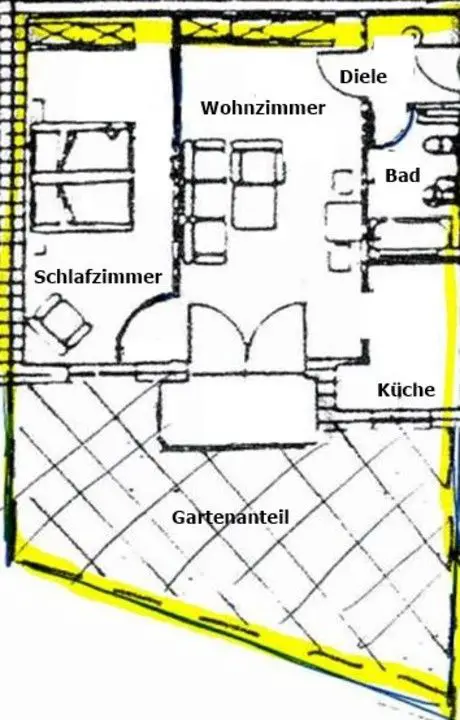 Grundriss markiert-2 -- Schöne 2 Zi. Terrassenwohnung, mit ca. 30 qm großem Garten, zus. TG-Stellplatz