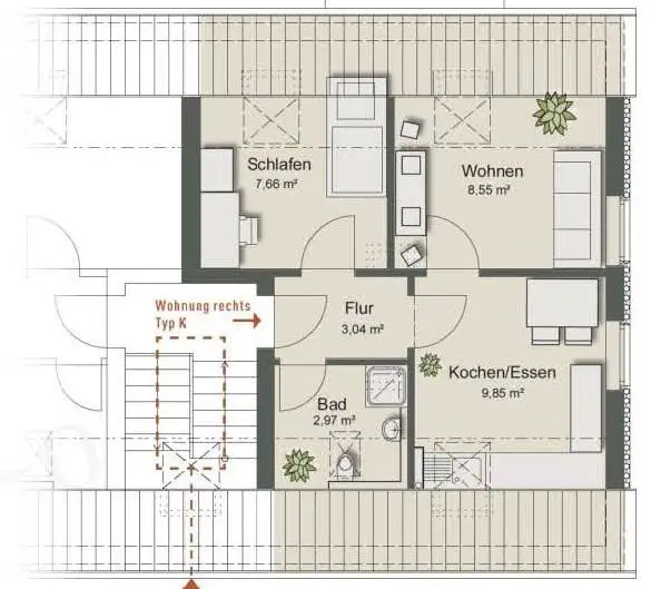 Grundriss WE 64 -- Exklusive 2-Zimmer-DG-Wohnung mit Einbauküche in Augsburg