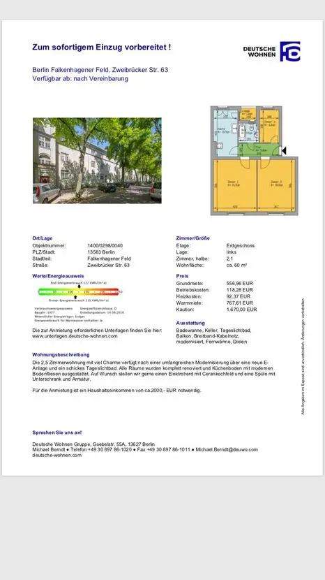Aktuelle Daten zur Wohnung -- Freundliche 2,5-Zimmer-EG-Wohnung in Spandau, Berlin