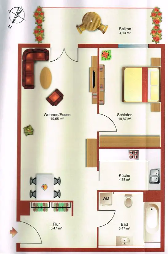 Grundriss -- Gepflegte 2-Zimmer-Hochparterre-Wohnung mit Balkon und Einbauküche in Weingarten