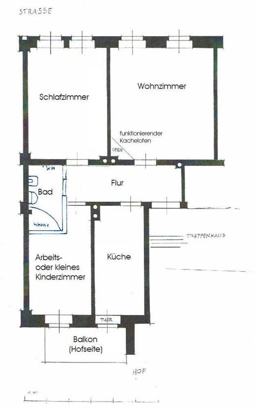 Grundriss-Skizze -- Großzügige 3-Zimmer-Wohnung mit Balkon z. Hofseite, Laminat, Eckbadewanne + beheizbarem Kachelofen