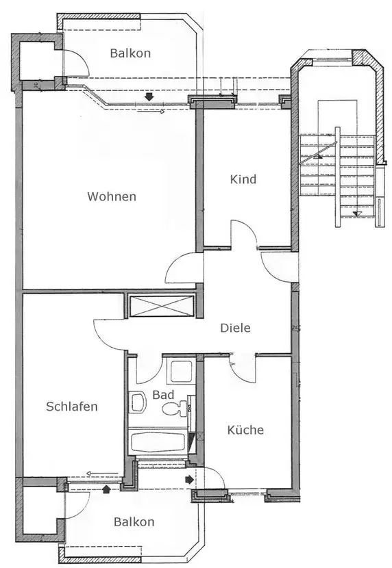 Grundriss -- 3 ½ Raum-Eigentumswohnung mit zwei Balkonen in der Borbecker Fußgängerzone