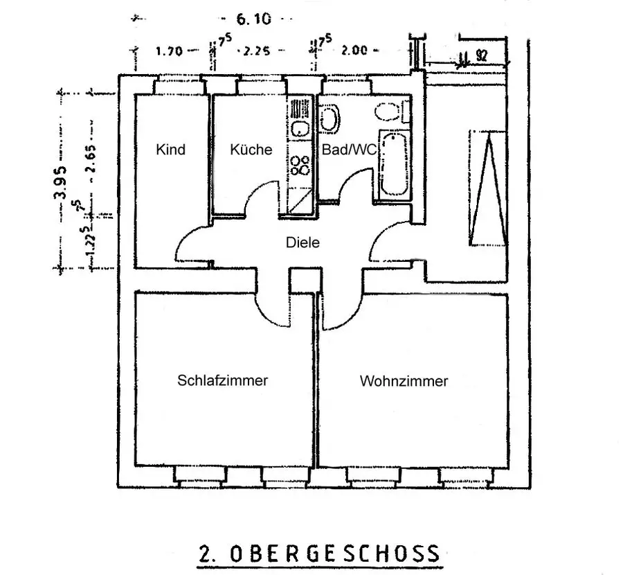 2OG_Grundriss -- Helle renovierte 3-Zimmer-Wohnung,K,D,B / 61m² nähe Helios Klinik