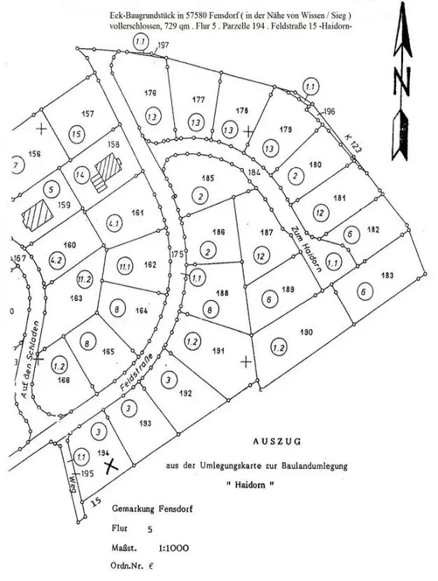 Flurkarte / Lageplan -- Bauen oder Kapitalanlage: provisionfrei 729qm vollerschloss. Eckbaugrstück Fensdorf/Wissen/Sieg