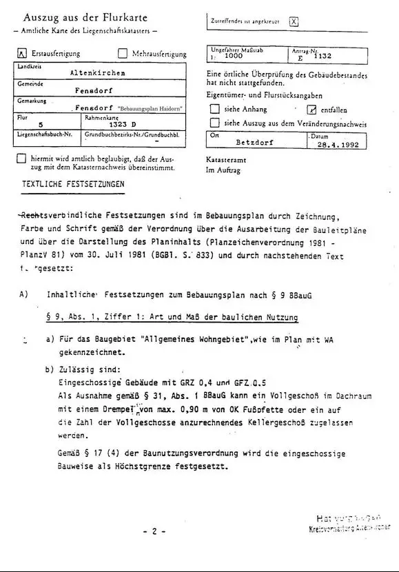 Textliche Festsetzungen -- Bauen oder Kapitalanlage: provisionfrei 729qm vollerschloss. Eckbaugrstück Fensdorf/Wissen/Sieg