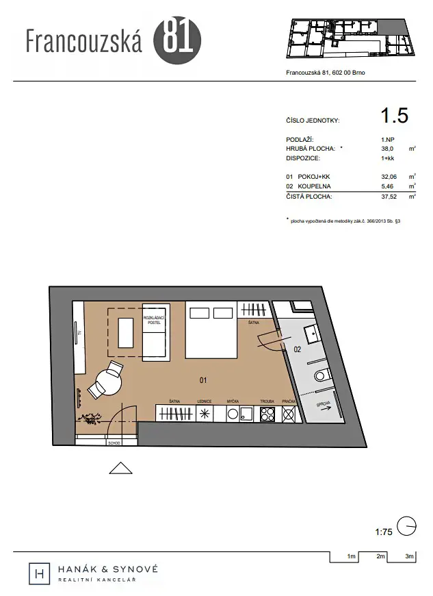 Prodej bytu 1+kk 38 m², Francouzská, Brno - Zábrdovice