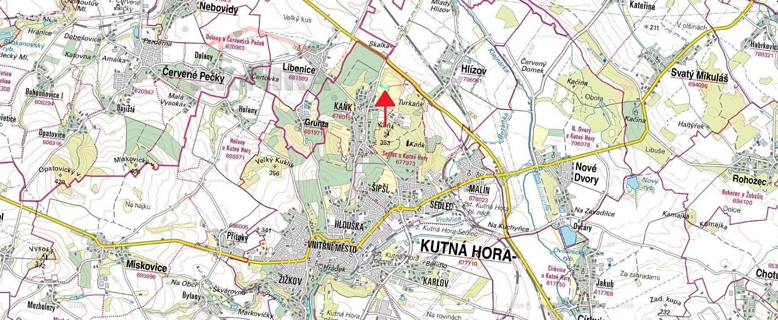 Prodej  pozemku 4 536 m², Kutná Hora - Kaňk, okres Kutná Hora