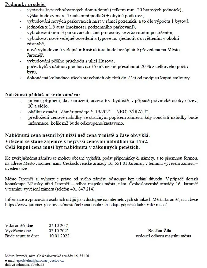 Prodej  stavebního pozemku 4 300 m², Na Obci, Jaroměř - Pražské Předměstí