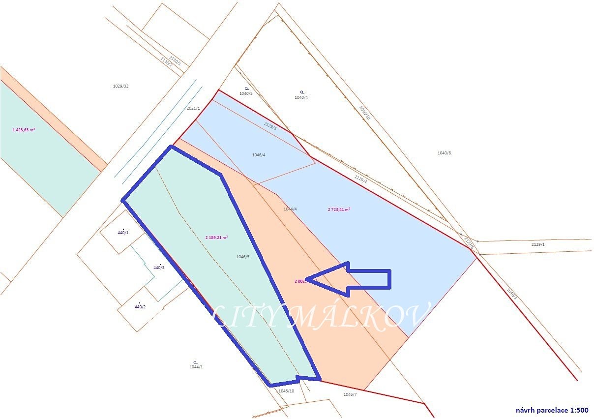 Prodej  stavebního pozemku 2 189 m², Bělušice, okres Kolín