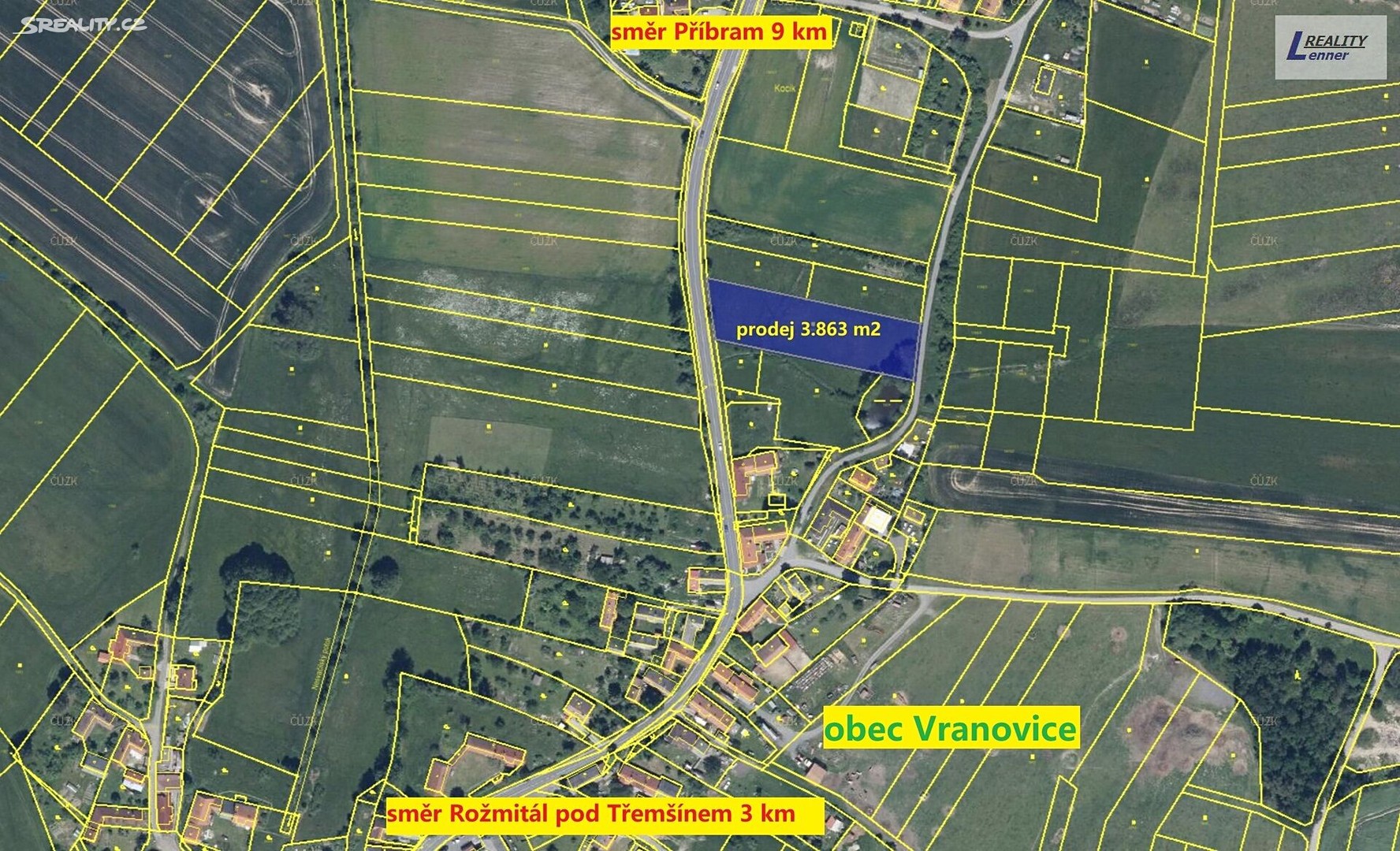 Prodej  stavebního pozemku 3 863 m², Vranovice, okres Příbram