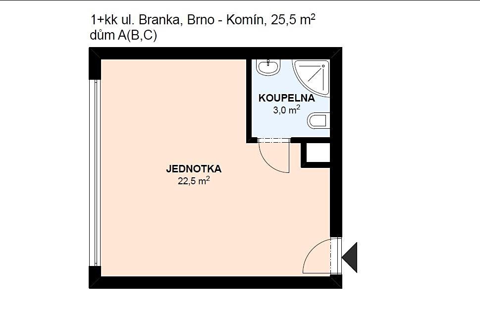 Pronájem bytu 1+kk 26 m², Brno - Komín, okres Brno-město