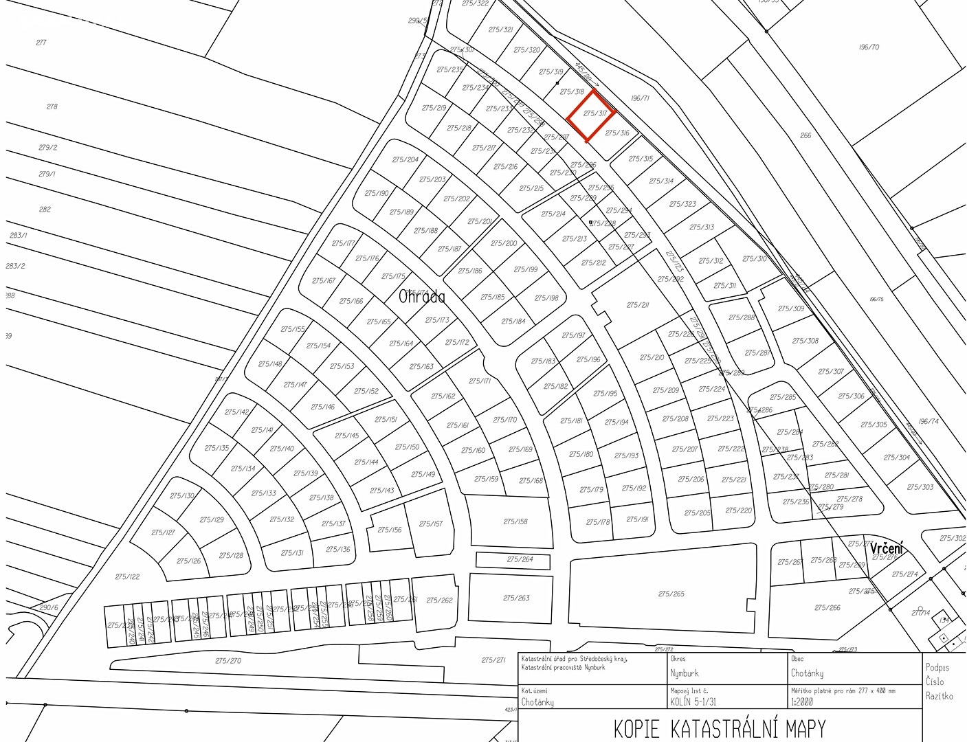 Prodej  stavebního pozemku 635 m², Poděbrady, okres Nymburk