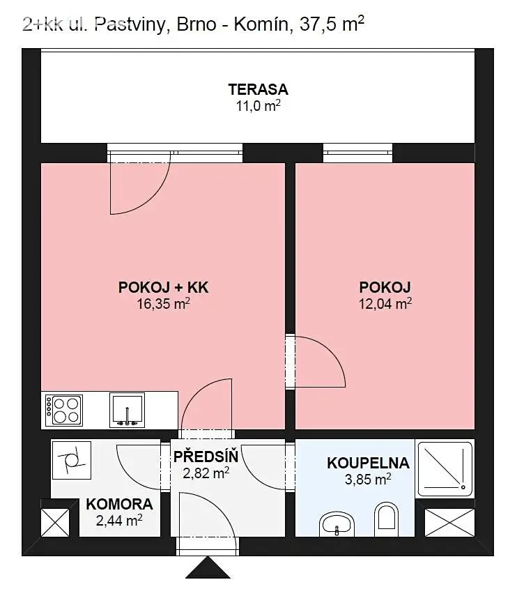 Pronájem bytu 2+kk 43 m², Pastviny, Brno - Komín