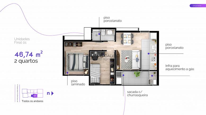 Foto 2 de Apartamento com 2 Quartos à venda, 47m² em Novo Mundo, Curitiba