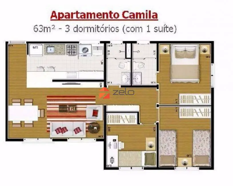 Foto 2 de Apartamento com 3 Quartos à venda, 63m² em Jardim Interlagos, Hortolândia
