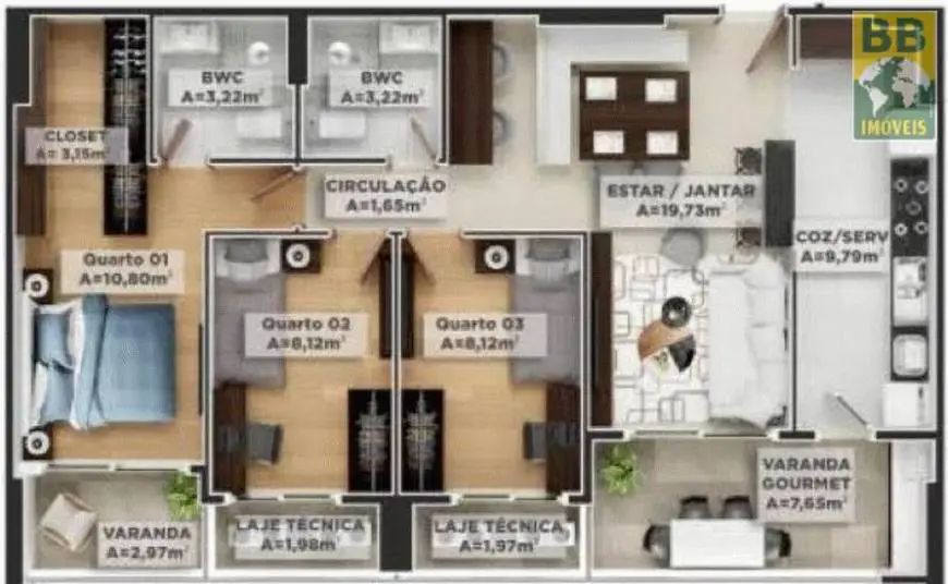 Foto 3 de Apartamento com 3 Quartos à venda, 94m² em Tirol, Natal