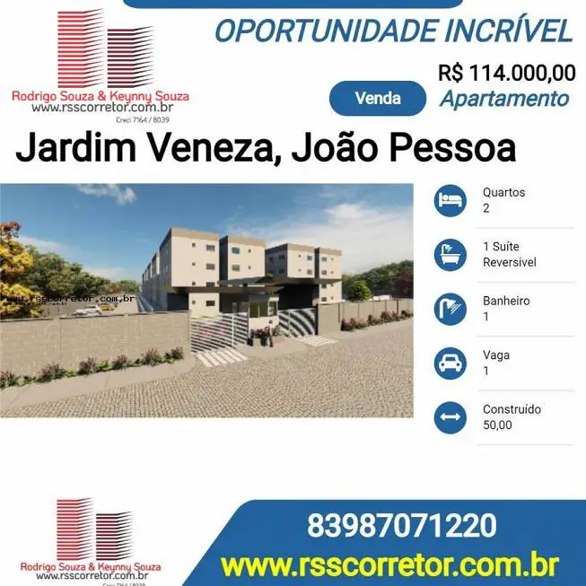 Foto 1 de Apartamento com 2 Quartos à venda, 50m² em Jardim Veneza, João Pessoa