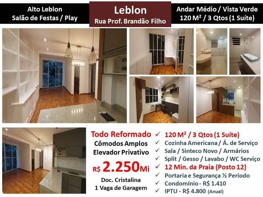 Foto 2 de Apartamento com 3 Quartos à venda, 120m² em Leblon, Rio de Janeiro