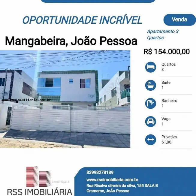 Foto 1 de Apartamento com 3 Quartos à venda, 61m² em Mangabeira, João Pessoa