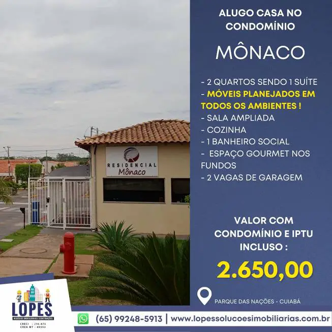 Foto 1 de Casa de Condomínio com 2 Quartos para alugar, 100m² em Parque Residencial das Nações Indígenas, Cuiabá