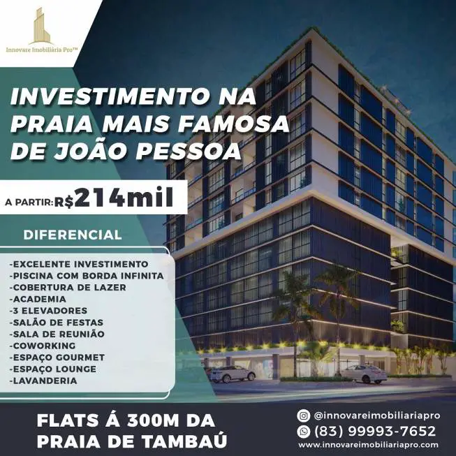 Foto 1 de Flat com 1 Quarto à venda, 19m² em Tambaú, João Pessoa