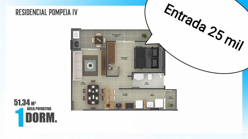 Foto 1 de Apartamento com 1 Quarto à venda, 51m² em Vila Assunção, Praia Grande