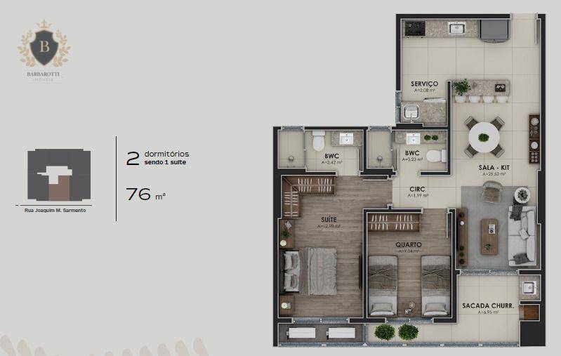 Foto 2 de Apartamento com 2 Quartos à venda, 76m² em Kobrasol, São José