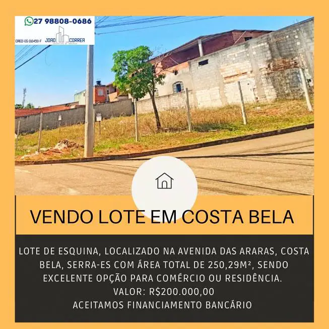 Foto 2 de Lote/Terreno à venda, 225m² em Costa Bela, Serra