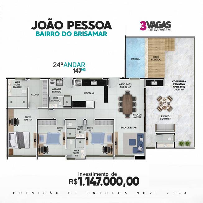 Foto 2 de Cobertura com 3 Quartos à venda, 147m² em João Agripino, João Pessoa