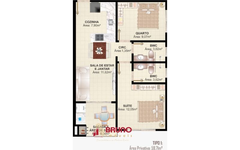 Foto 3 de Apartamento com 2 Quartos à venda, 59m² em Centro, Antônio Carlos