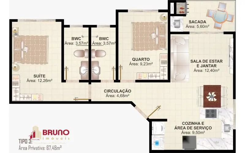 Foto 5 de Apartamento com 2 Quartos à venda, 59m² em Centro, Antônio Carlos
