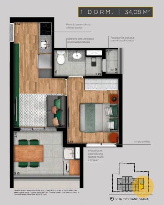 Foto 3 de Apartamento com 1 Quarto à venda, 34m² em Cerqueira César, São Paulo