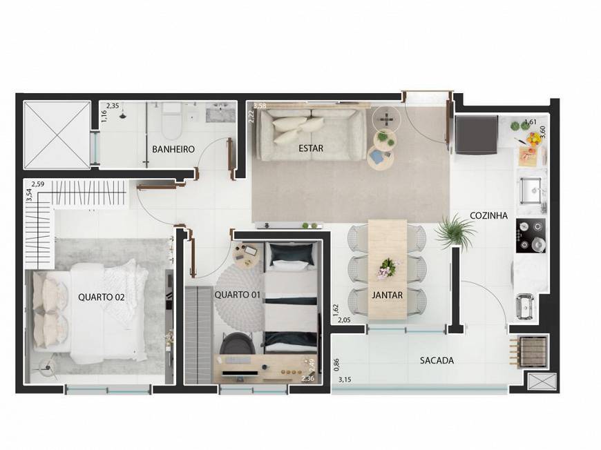 Foto 2 de Apartamento com 2 Quartos à venda, 48m² em Boqueirão, Curitiba