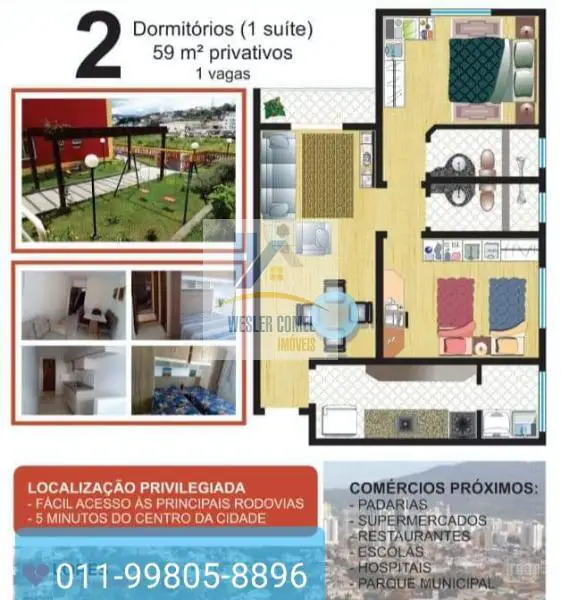Foto 2 de Apartamento com 2 Quartos para alugar, 59m² em Mogi Moderno, Mogi das Cruzes