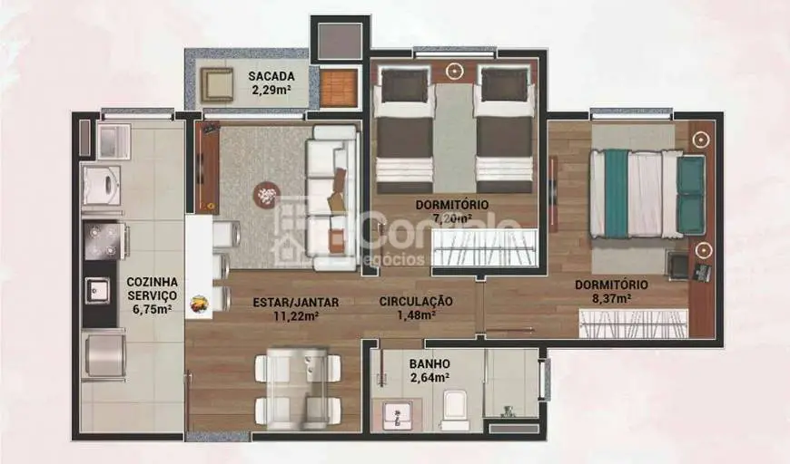 Foto 3 de Apartamento com 2 Quartos à venda, 46m² em Nossa Sra. das Graças, Caxias do Sul