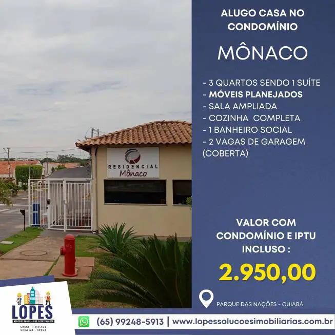 Foto 1 de Casa de Condomínio com 3 Quartos para alugar, 110m² em Parque Residencial das Nações Indígenas, Cuiabá