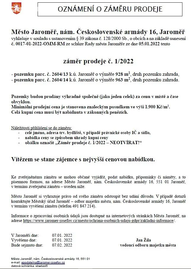 Prodej  stavebního pozemku 1 891 m², Slezská, Jaroměř - Cihelny