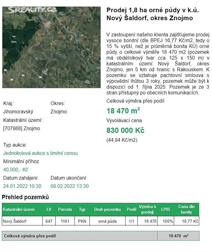 Prodej  pole 18 470 m², Nový Šaldorf-Sedlešovice, okres Znojmo