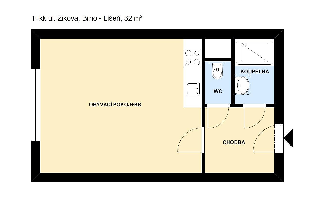 Pronájem bytu 1+kk 32 m², Zikova, Brno - Líšeň