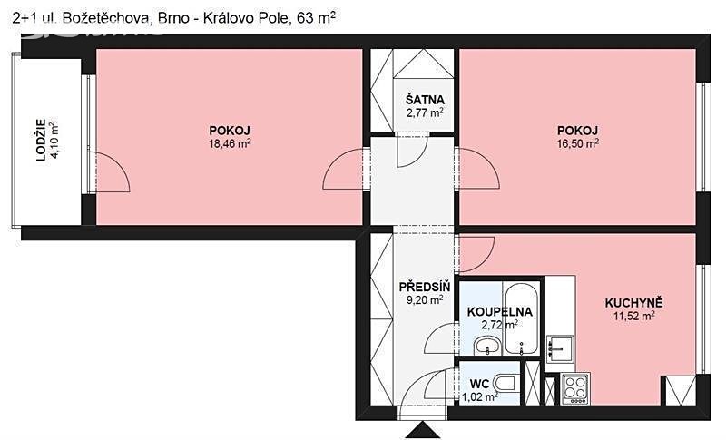 Pronájem bytu 2+1 67 m², Božetěchova, Brno - Královo Pole