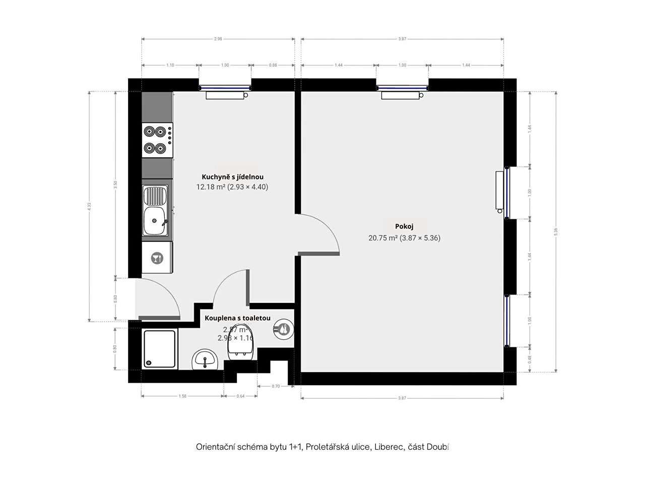 Pronájem bytu 1+1 36 m², Proletářská, Liberec - Liberec XXIII-Doubí