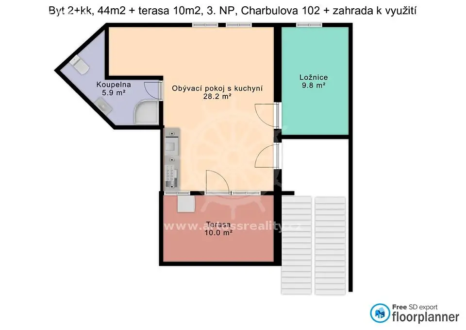 Pronájem bytu 2+kk 44 m² (Podkrovní), Charbulova, Brno - Černovice