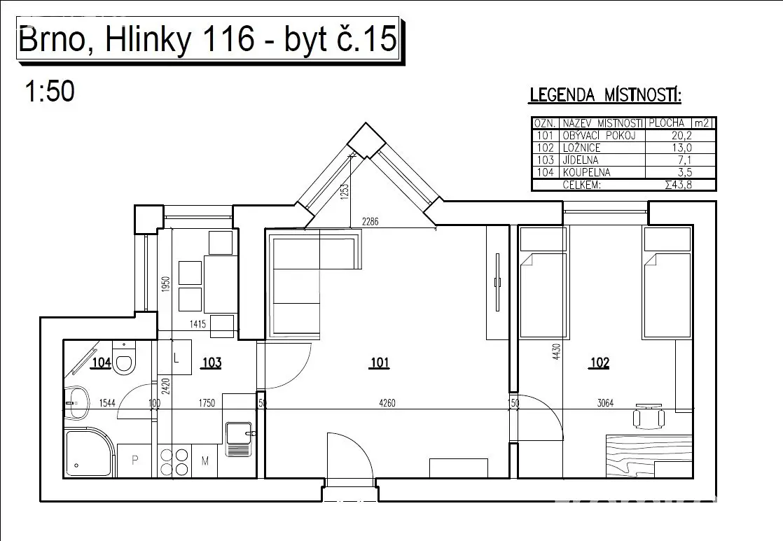 Pronájem bytu 2+kk 44 m², Hlinky, Brno - Pisárky