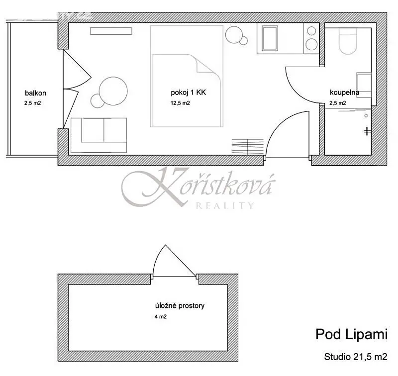 Pronájem bytu 1+kk 23 m², Pod Lipami, Praha 3 - Žižkov