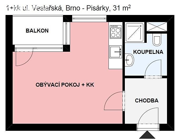 Pronájem bytu 1+kk 31 m², Veslařská, Brno - Pisárky