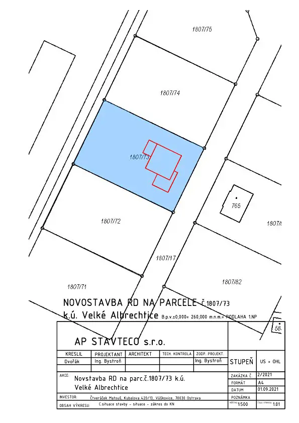 Prodej  stavebního pozemku 972 m², Velké Albrechtice, okres Nový Jičín