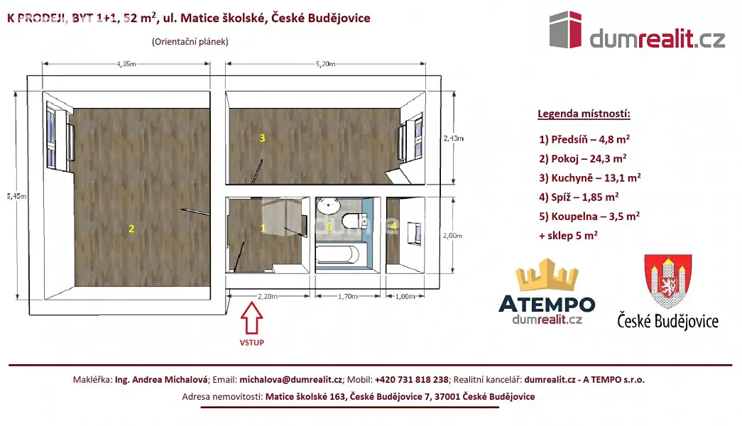 Prodej bytu 1+1 52 m², Matice školské, České Budějovice - České Budějovice 7