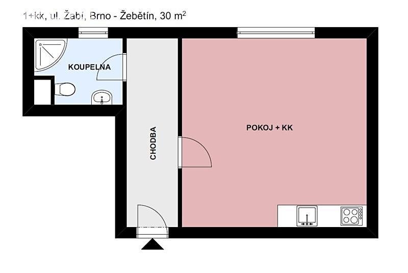 Pronájem bytu 1+kk 33 m², Žabí, Brno - Žebětín